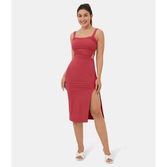Halara Winterberry Backless Crisscross Lace Up Bodycon Midi Dress Size Large - Picture 1 of 9